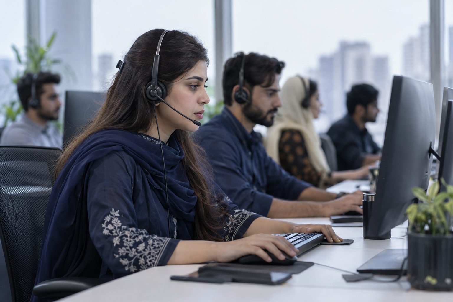 a support specialist wearing a headset at a call desk