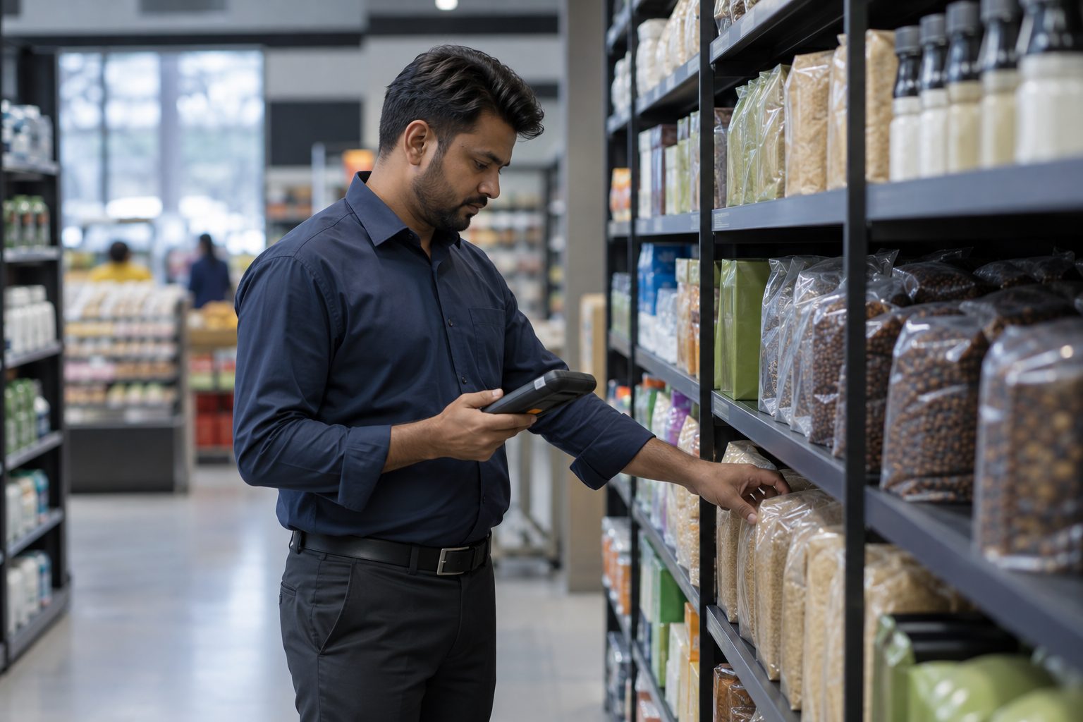 a store manager checking stock levels in a supermarket aisle