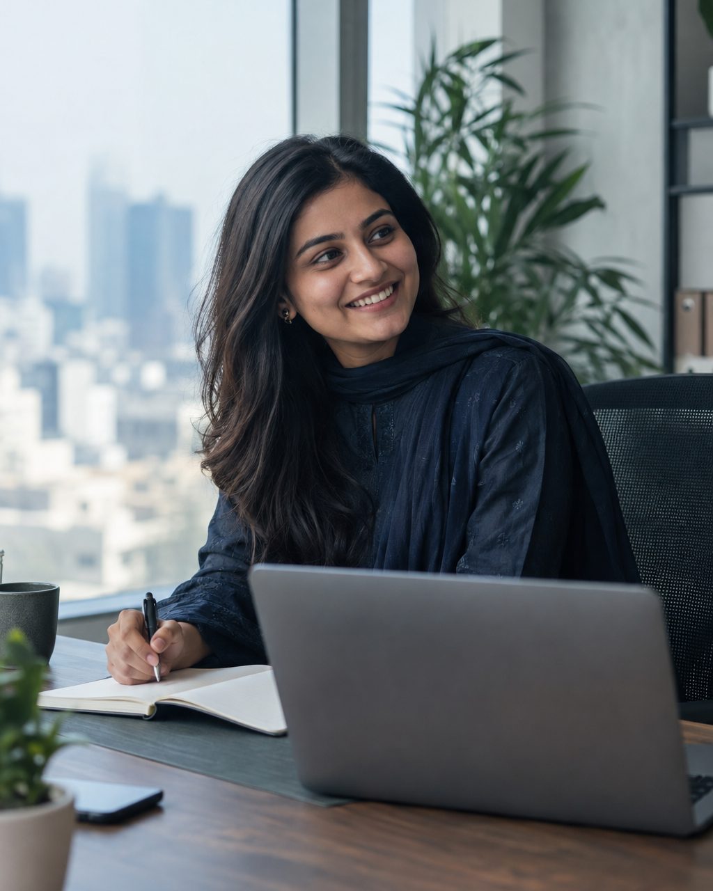 a woman at a desk with a laptop and a notebook