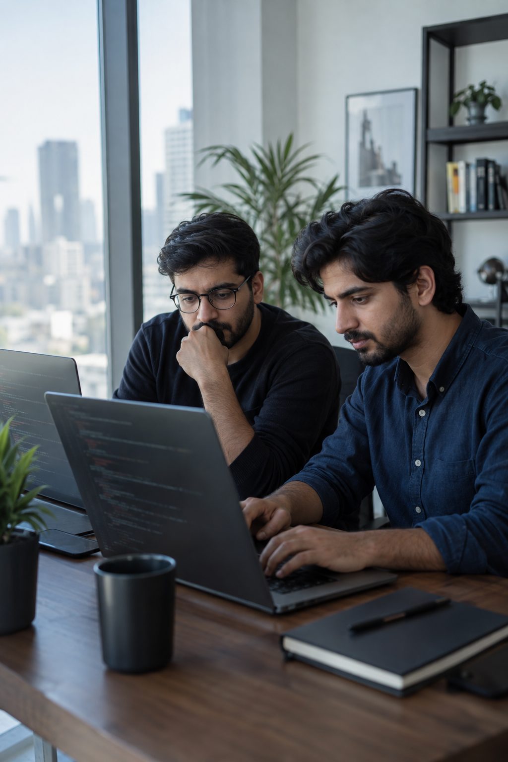two engineers reviewing code side by side