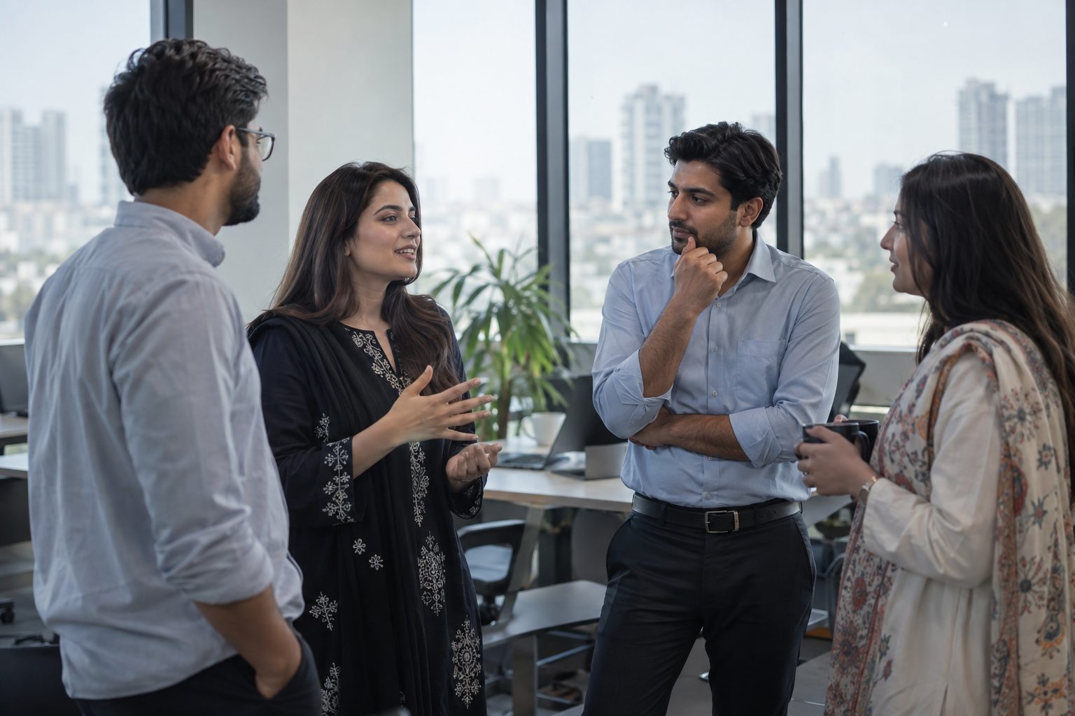 colleagues standing together in conversation in an office