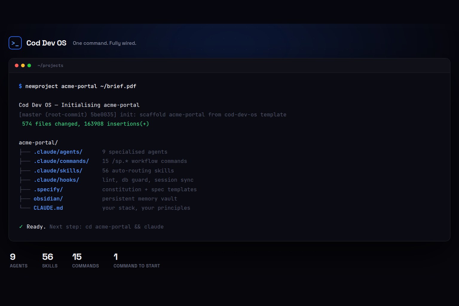 Terminal running newproject: Cod Dev OS scaffolds agents, commands, skills, hooks, specs and a memory vault